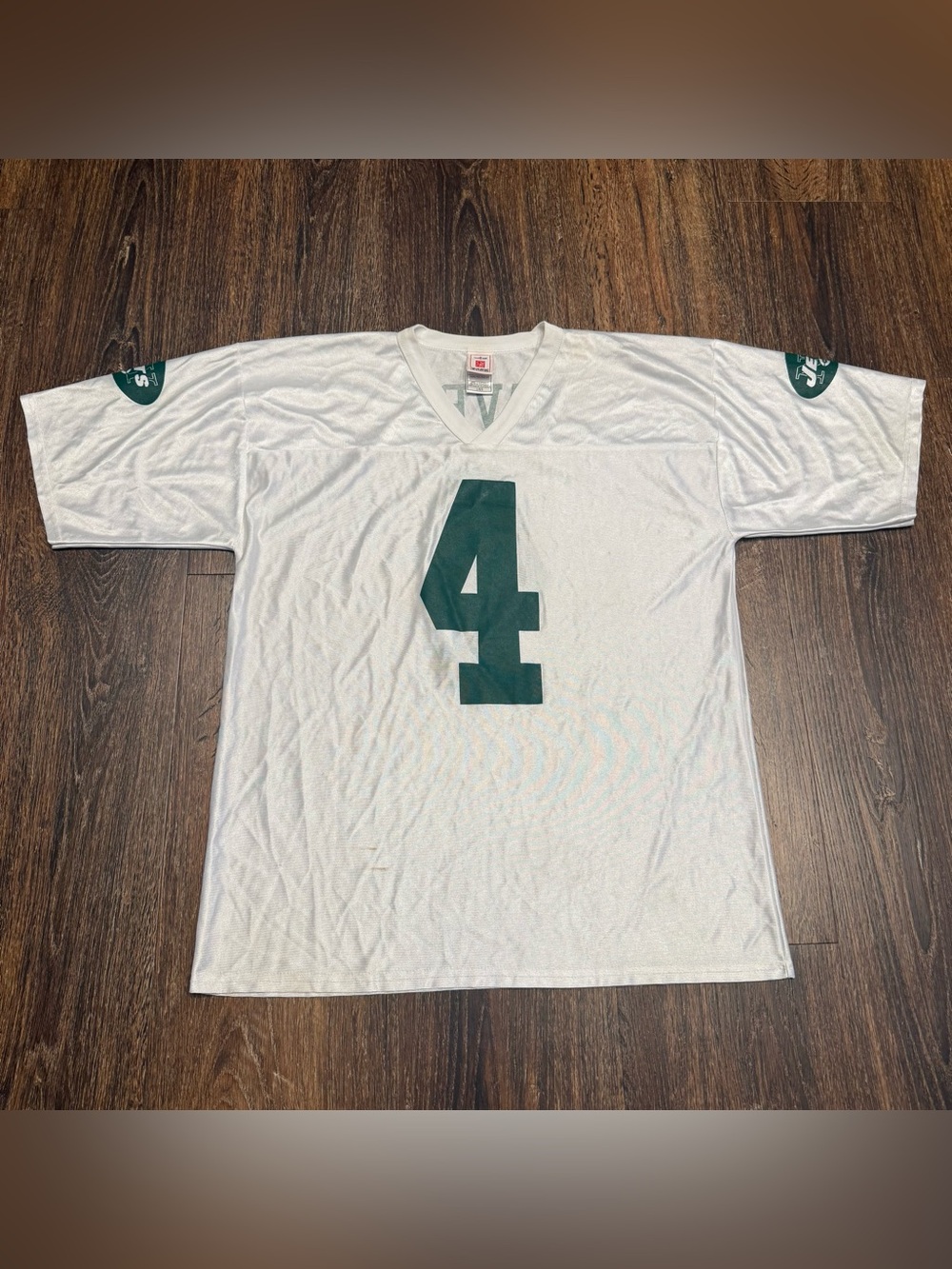 Brett Favre New York Jets NFL Player White Away Y2K Vintage Jersey #4 Sz.L